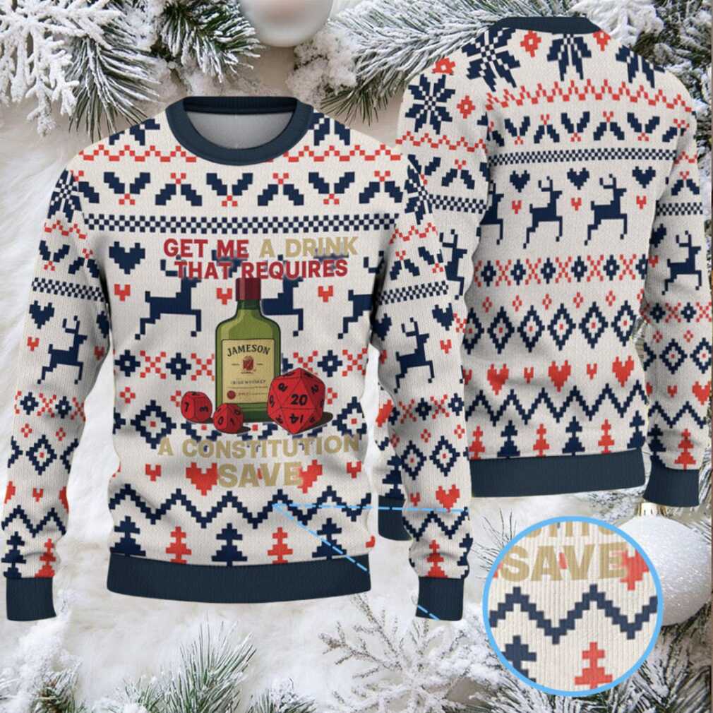 Cream Red and Navy Blue Reindeer and Heart Pattern “Get Me a Drink That Requires a Constitution Save” Ugly Christmas Sweater Featuring Jameson Irish Whiskey Cream Red and Navy Blue Reindeer and Heart Pattern “Get Me a Drink That Requires a Constitution Save” Ugly Christmas Sweater Featuring Jameson Irish Whiskey