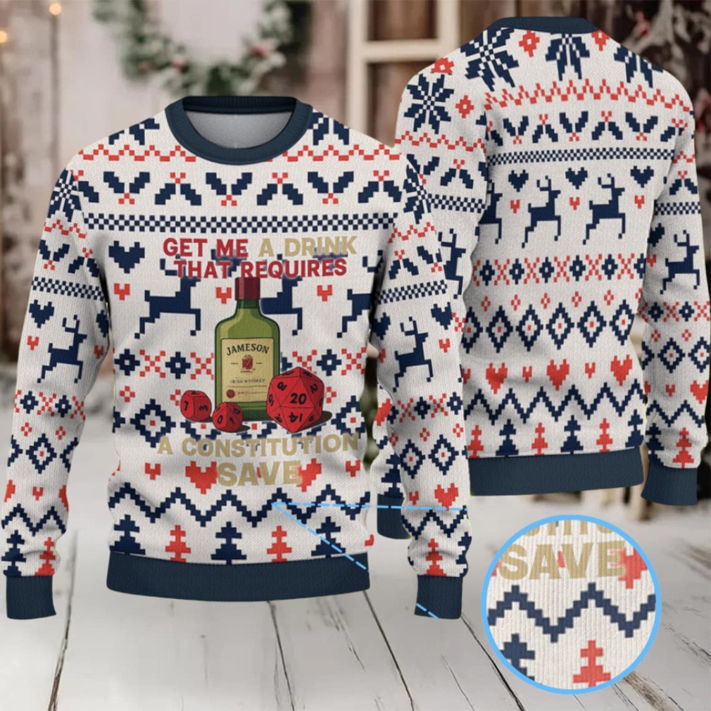 Cream Red and Navy Blue Reindeer and Heart Pattern “Get Me a Drink That Requires a Constitution Save” Ugly Christmas Sweater Featuring Jameson Irish Whiskey Cream Red and Navy Blue Reindeer and Heart Pattern “Get Me a Drink That Requires a Constitution Save” Ugly Christmas Sweater Featuring Jameson Irish Whiskey