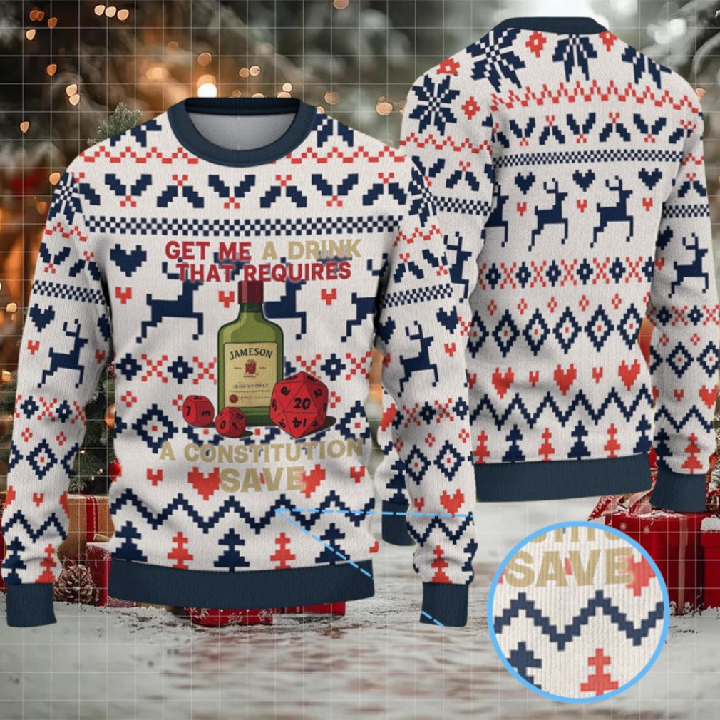 Cream Red and Navy Blue Reindeer and Heart Pattern “Get Me a Drink That Requires a Constitution Save” Ugly Christmas Sweater Featuring Jameson Irish Whiskey Cream Red and Navy Blue Reindeer and Heart Pattern “Get Me a Drink That Requires a Constitution Save” Ugly Christmas Sweater Featuring Jameson Irish Whiskey