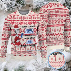 Cream and Red Candy Cane Pattern Dr. Seuss Bud Light Funny Ugly Christmas Sweater