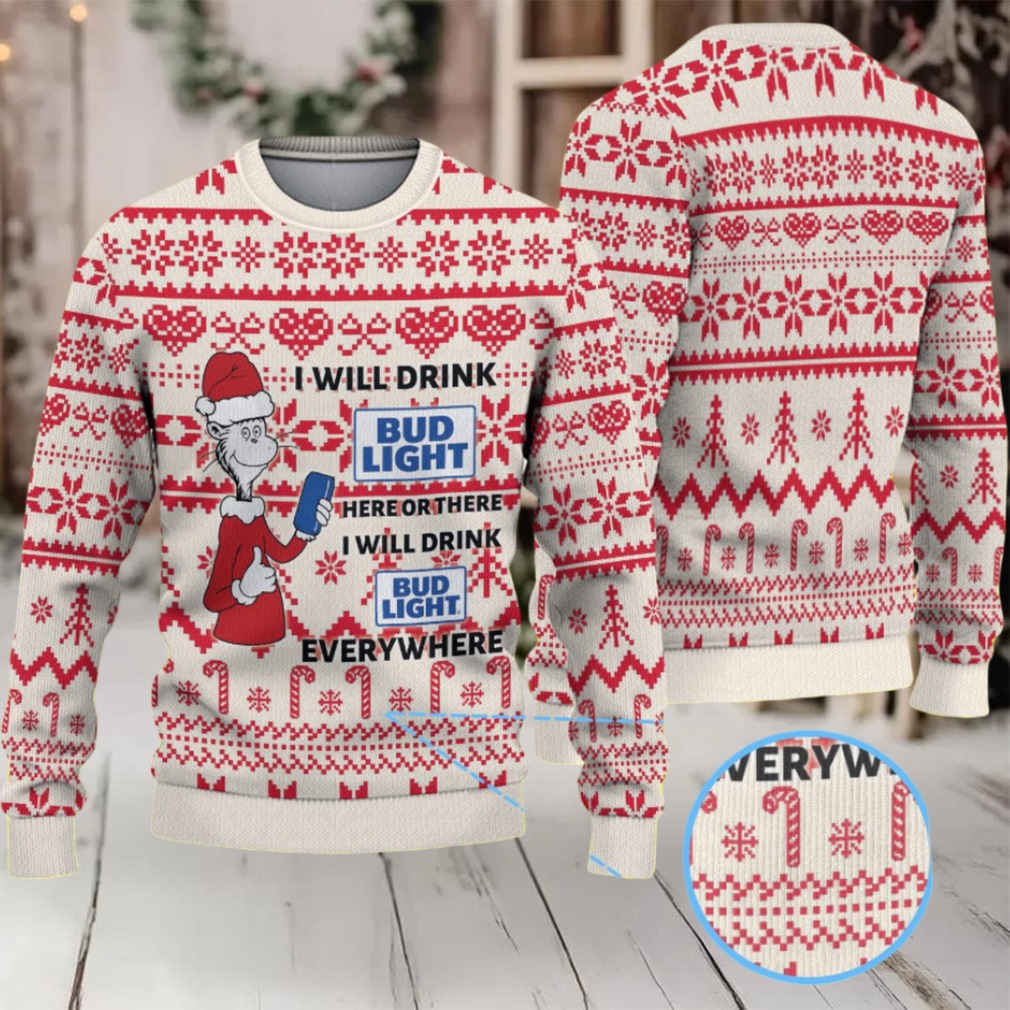 Cream and Red Candy Cane Pattern Dr. Seuss Bud Light Funny Ugly Christmas Sweater