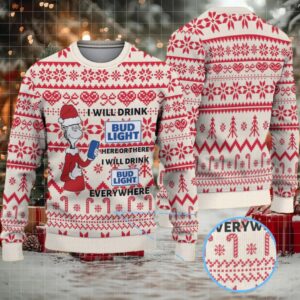 Cream and Red Candy Cane Pattern Dr. Seuss Bud Light Funny Ugly Christmas Sweater