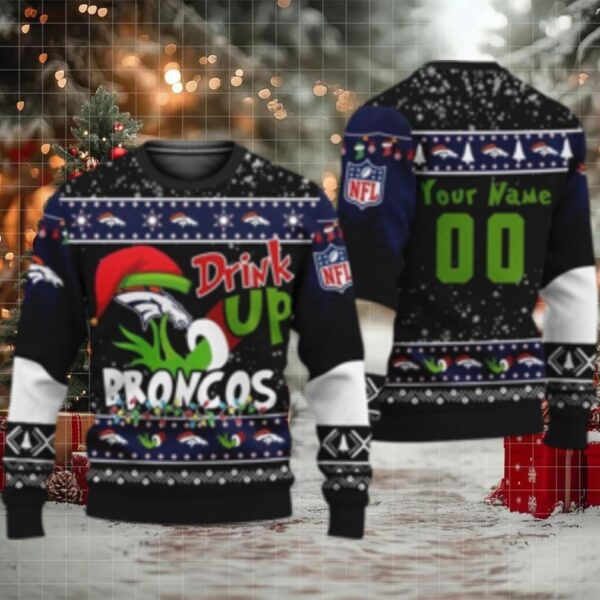 Custom Nfl Denver Broncos Ugly Christmas Sweater Grinch Drink Up