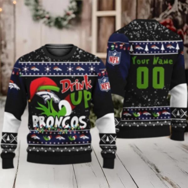 Custom Nfl Denver Broncos Ugly Christmas Sweater Grinch Drink Up
