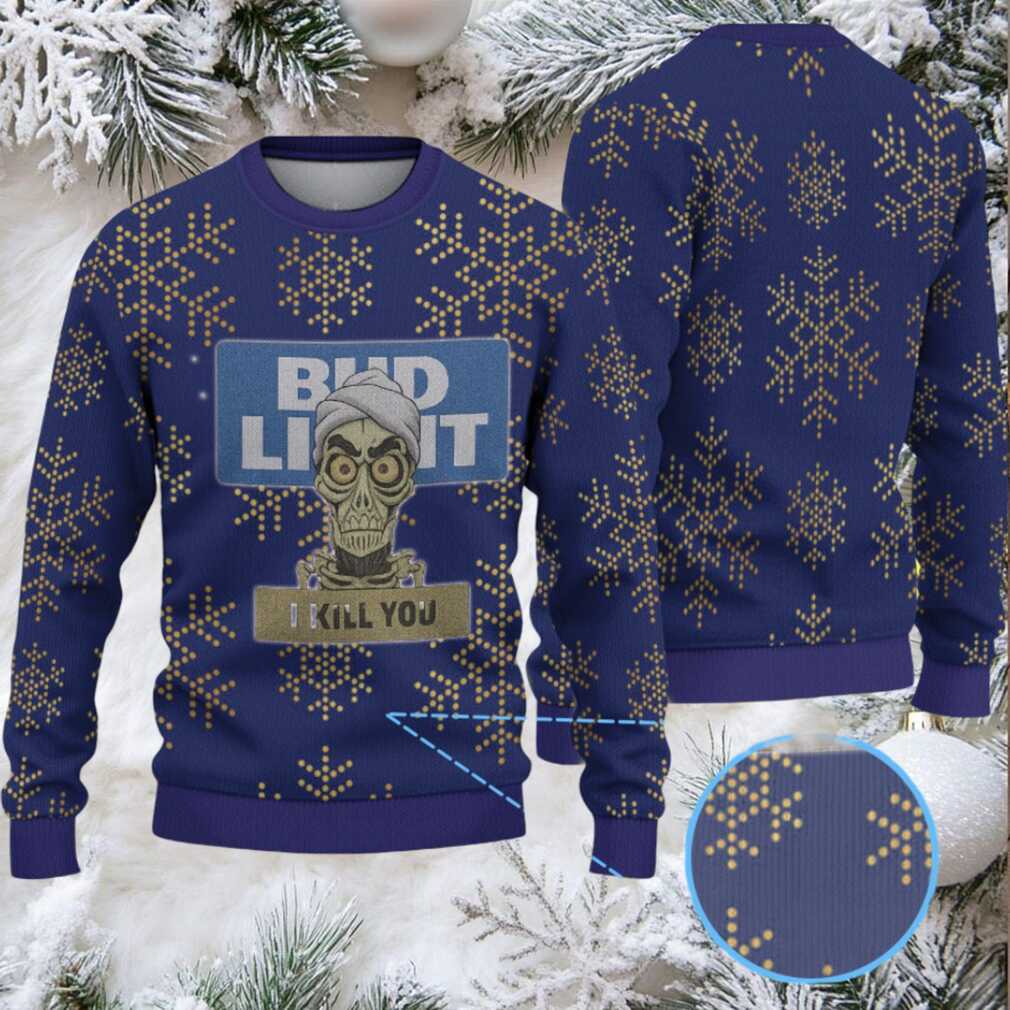 Dark Blue and Gold Snowflake Pattern “Bud Light I Kill You” Ugly Christmas Sweater Dark Blue and Gold Snowflake Pattern “Bud Light I Kill You” Ugly Christmas Sweater