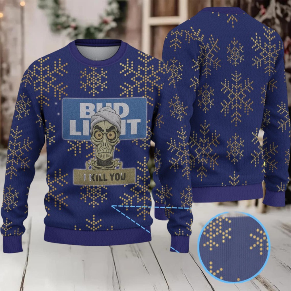 Dark Blue and Gold Snowflake Pattern “Bud Light I Kill You” Ugly Christmas Sweater Dark Blue and Gold Snowflake Pattern “Bud Light I Kill You” Ugly Christmas Sweater