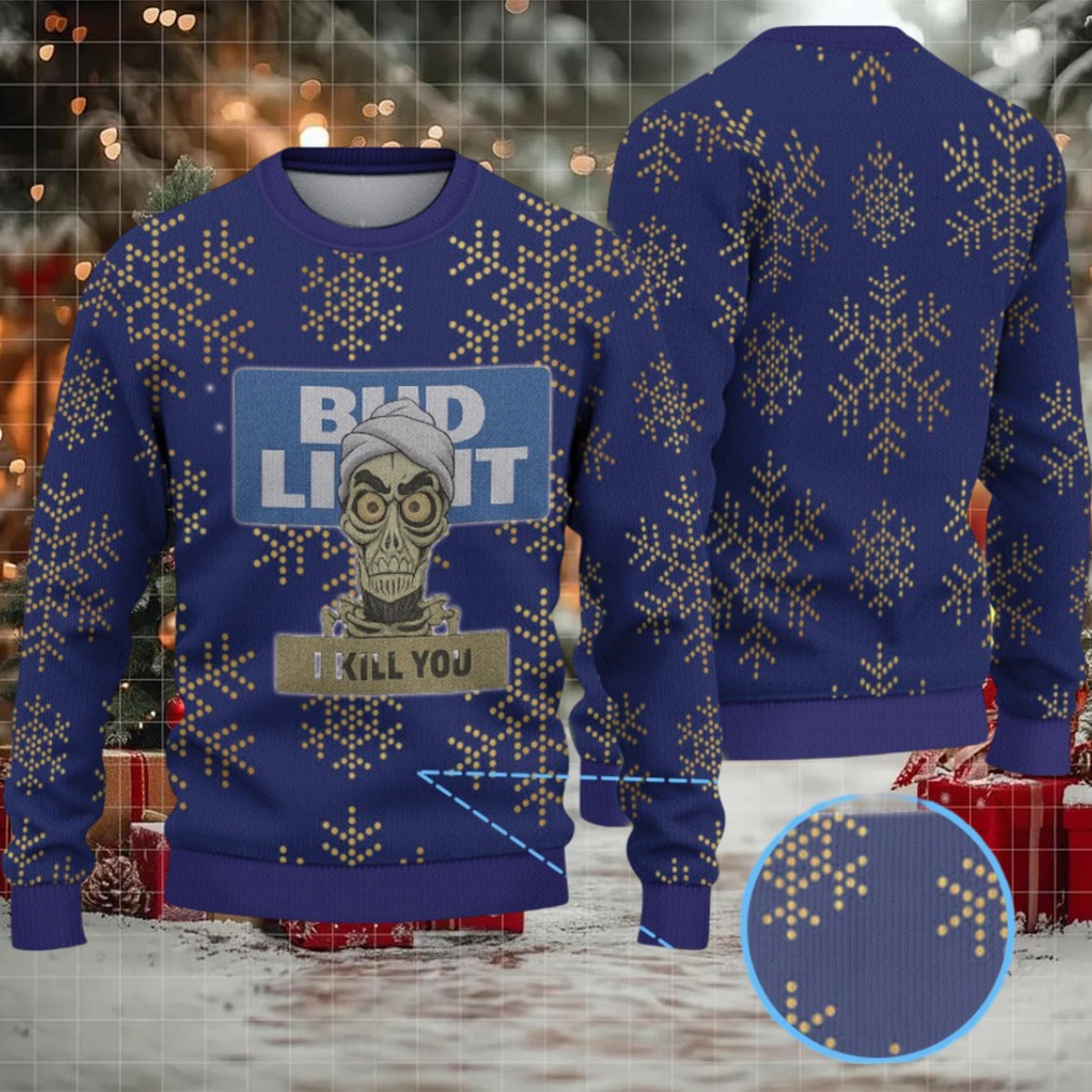Dark Blue and Gold Snowflake Pattern “Bud Light I Kill You” Ugly Christmas Sweater Dark Blue and Gold Snowflake Pattern “Bud Light I Kill You” Ugly Christmas Sweater