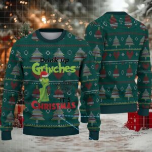 Dark Green Christmas Tree Fair Isle Ugly Christmas Sweater Jack Daniel’s Whiskey with Grinch and Heart Pattern