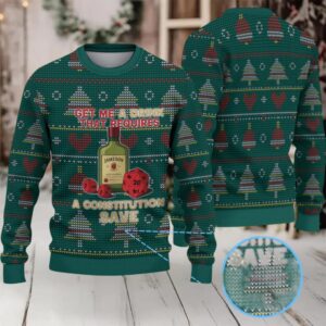 Dark Green Christmas Tree and Heart Pattern “Get Me a Drink That Requires a Constitution Save” Ugly Christmas Sweater Featuring Jameson Irish Whiskey
