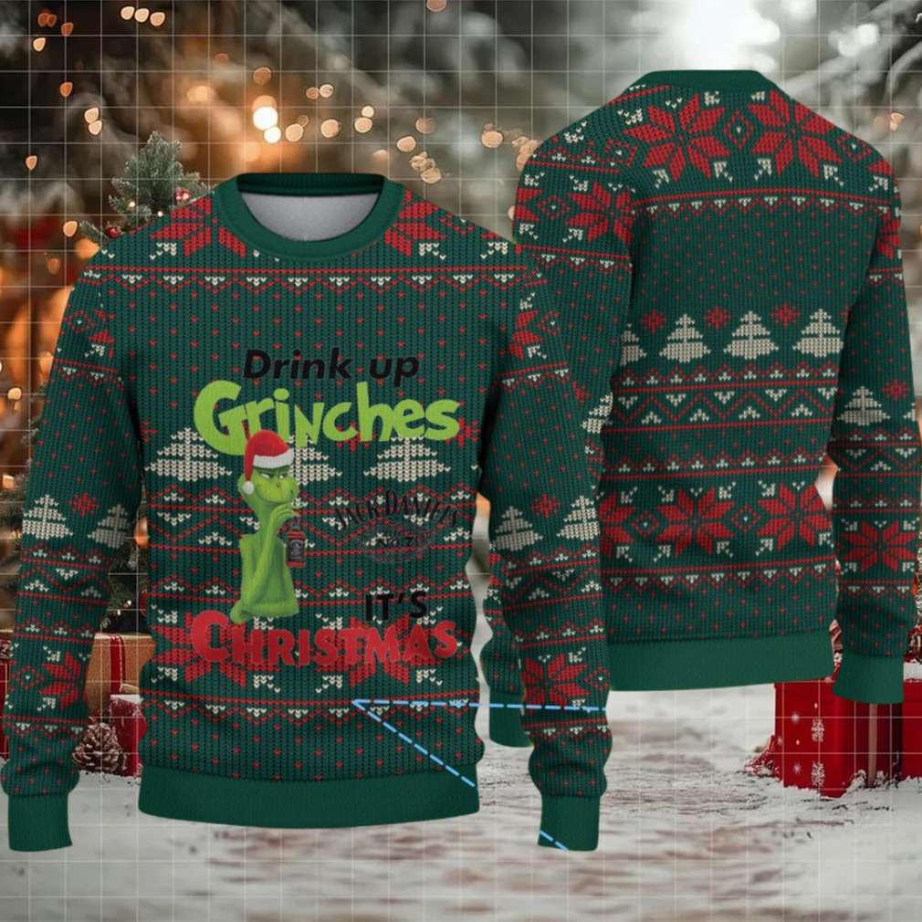 Dark Green Fair Isle Ugly Christmas Sweater Jack Daniel’s Whiskey with Grinch Snowflake Pattern