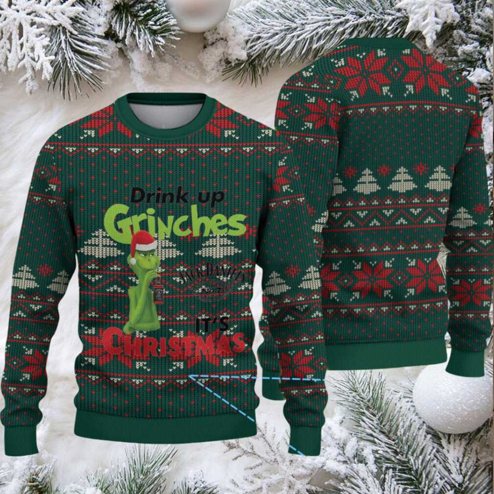 Dark Green Fair Isle Ugly Christmas Sweater Jack Daniel’s Whiskey with Grinch Snowflake Pattern