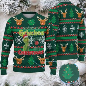 Dark Green Reindeer and Christmas Tree Pattern “Drink Up Grinches – It’s Christmas” Ugly Christmas Sweater Featuring Jameson Irish Whiskey