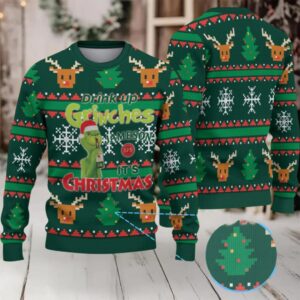 Dark Green Reindeer and Christmas Tree Pattern “Drink Up Grinches – It’s Christmas” Ugly Christmas Sweater Featuring Jameson Irish Whiskey