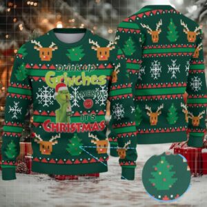 Dark Green Reindeer and Christmas Tree Pattern “Drink Up Grinches – It’s Christmas” Ugly Christmas Sweater Featuring Jameson Irish Whiskey
