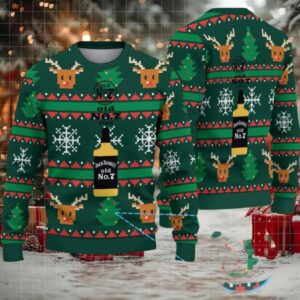 Dark Green Reindeer and Snowflake Ugly Christmas Sweater Jack Daniel’s Old No. 7 Whiskey Bottle with Pixel Christmas Tree Pattern