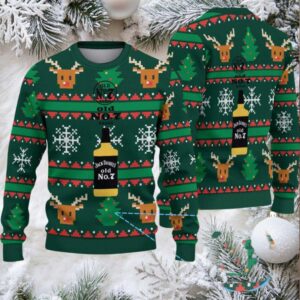 Dark Green Reindeer and Snowflake Ugly Christmas Sweater Jack Daniel’s Old No. 7 Whiskey Bottle with Pixel Christmas Tree Pattern