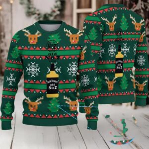 Dark Green Reindeer and Snowflake Ugly Christmas Sweater Jack Daniel’s Old No. 7 Whiskey Bottle with Pixel Christmas Tree Pattern