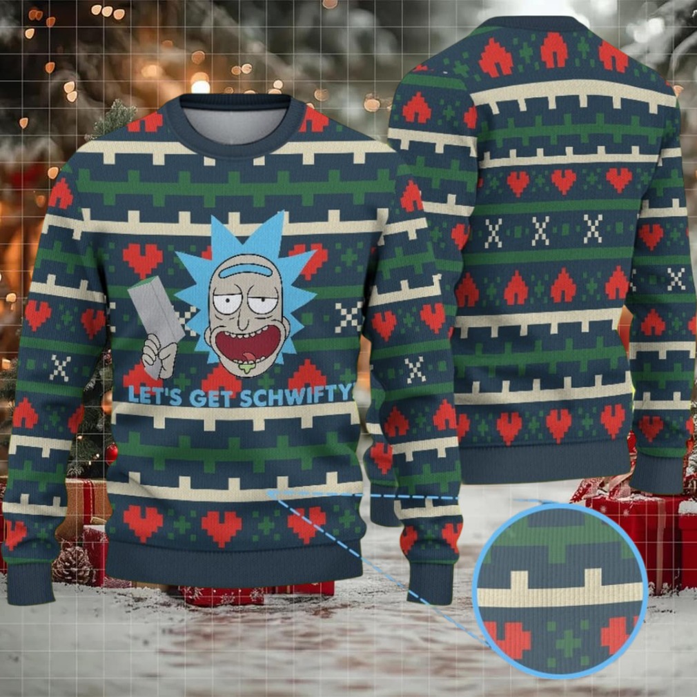 Dark Green Ugly Christmas Sweater with Red Heart and Geometric Pattern Featuring Rick and Morty Let’s Get Schwifty