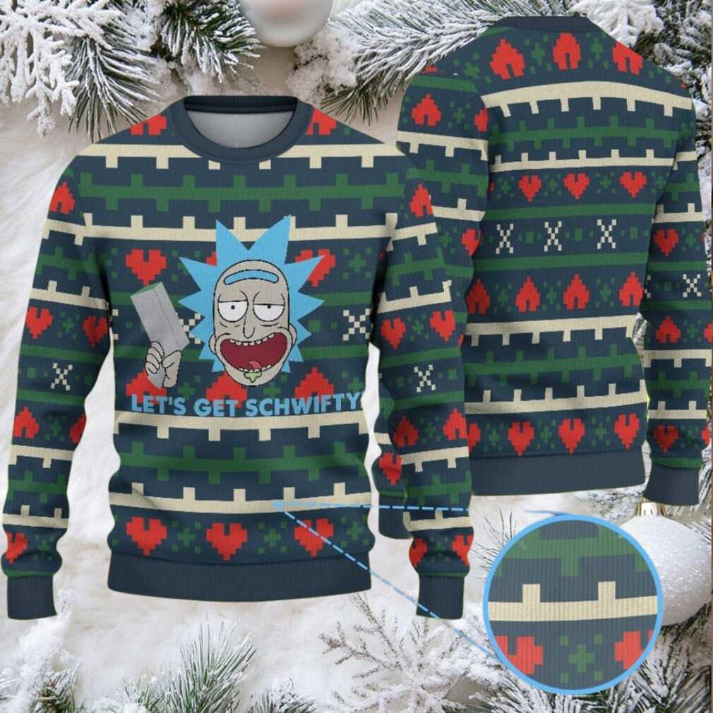 Dark Green Ugly Christmas Sweater with Red Heart and Geometric Pattern Featuring Rick and Morty Let’s Get Schwifty