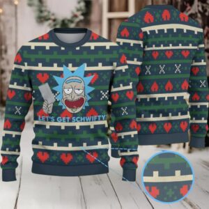 Dark Green Ugly Christmas Sweater with Red Heart and Geometric Pattern Featuring Rick and Morty Let’s Get Schwifty