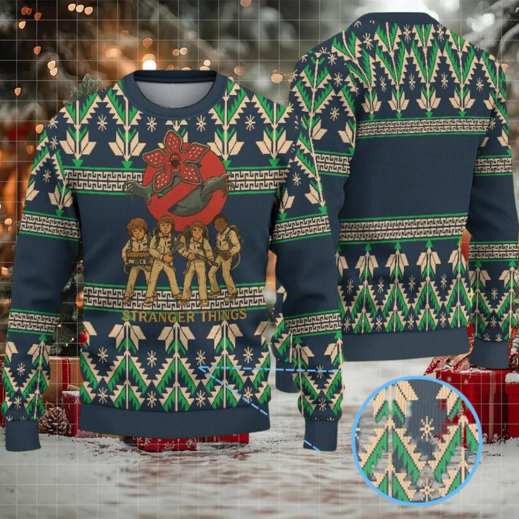 Dark Navy Geometric Pine Tree Fair Isle Ugly Christmas Sweater Stranger Things Ghostbusters Kids with Demogorgon and Snowflake Pattern Dark Navy Geometric Pine Tree Fair Isle Ugly Christmas Sweater Stranger Things Ghostbusters Kids with Demogorgon and Snowflake Pattern