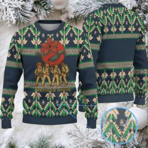 Dark Navy Geometric Pine Tree Fair Isle Ugly Christmas Sweater Stranger Things Ghostbusters Kids with Demogorgon and Snowflake Pattern