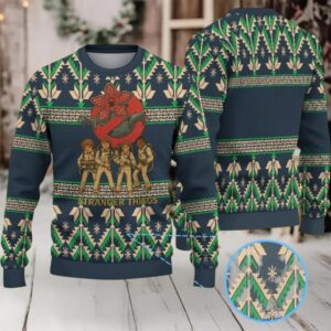 Dark Navy Geometric Pine Tree Fair Isle Ugly Christmas Sweater Stranger Things Ghostbusters Kids with Demogorgon and Snowflake Pattern