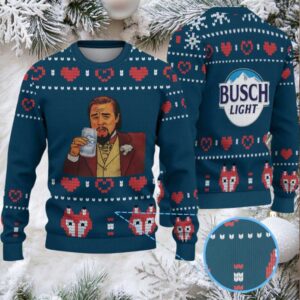 Dark Teal & Red Heart Pattern “Busch Light Leonardo Cheers” Ugly Christmas Sweater