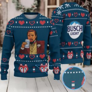 Dark Teal & Red Heart Pattern “Busch Light Leonardo Cheers” Ugly Christmas Sweater