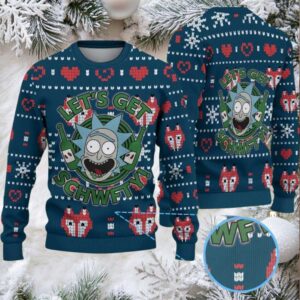 Dark Teal Ugly Christmas Sweater with Red Heart and White Snowflake Pattern Featuring Rick and Morty Let’s Get Schwifty