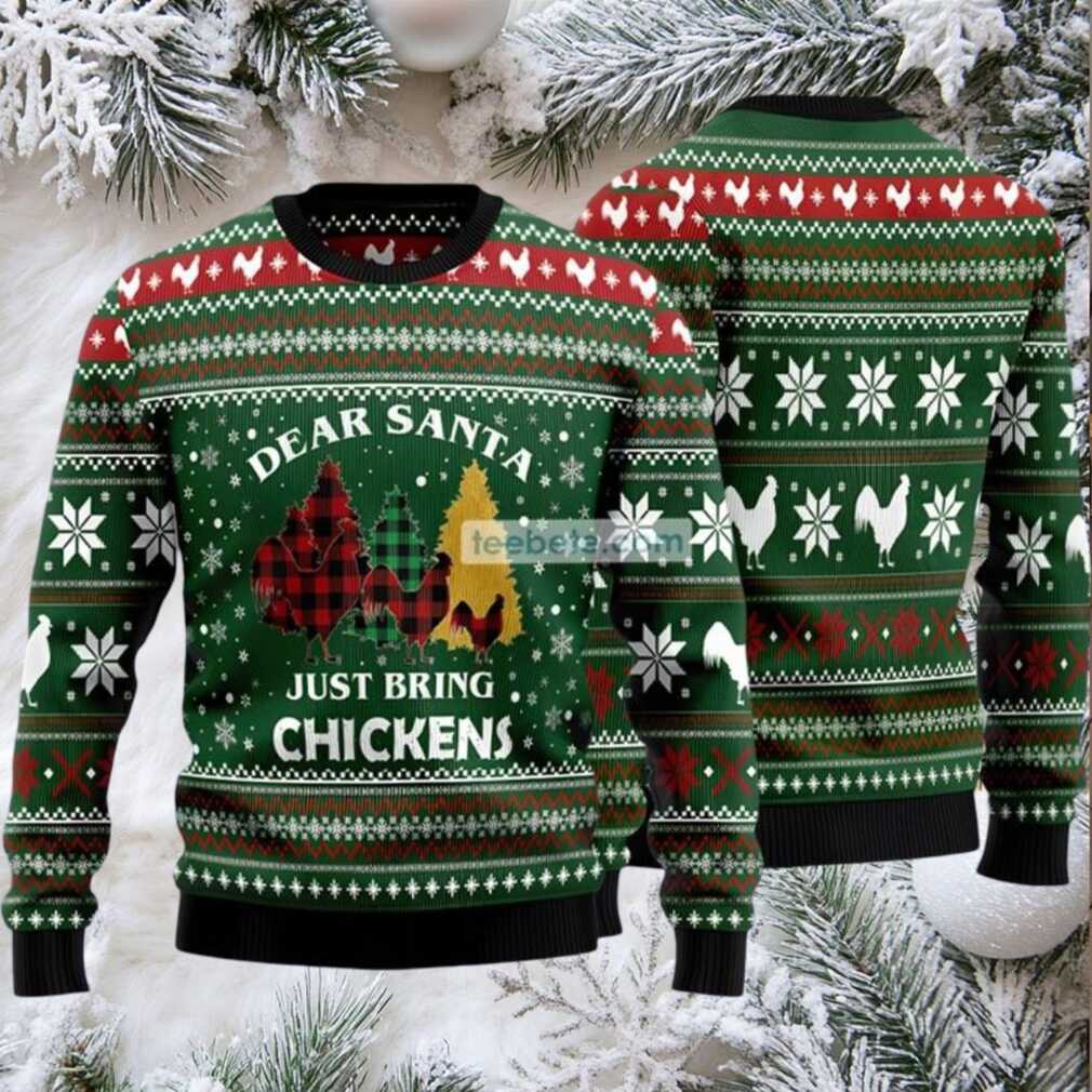 Dear Santa Just Bring Chickens Ugly Christmas Sweater - Front View with Santa and Chickens