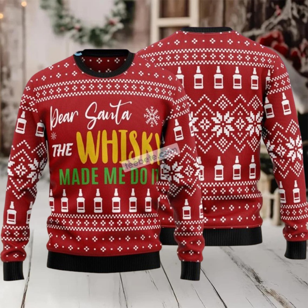 Person wearing whisky themed ugly Christmas sweater