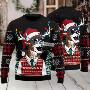 Deer Face Xmas Light Ugly Sweater Naughty Black