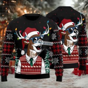 Deer Face Xmas Light Ugly Sweater Naughty Black