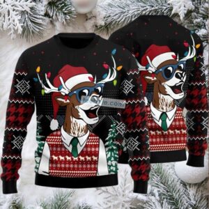 Deer Face Xmas Light Ugly Sweater Naughty Black