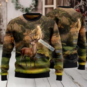 Deer In Forest Ugly Holiday Sweater Green