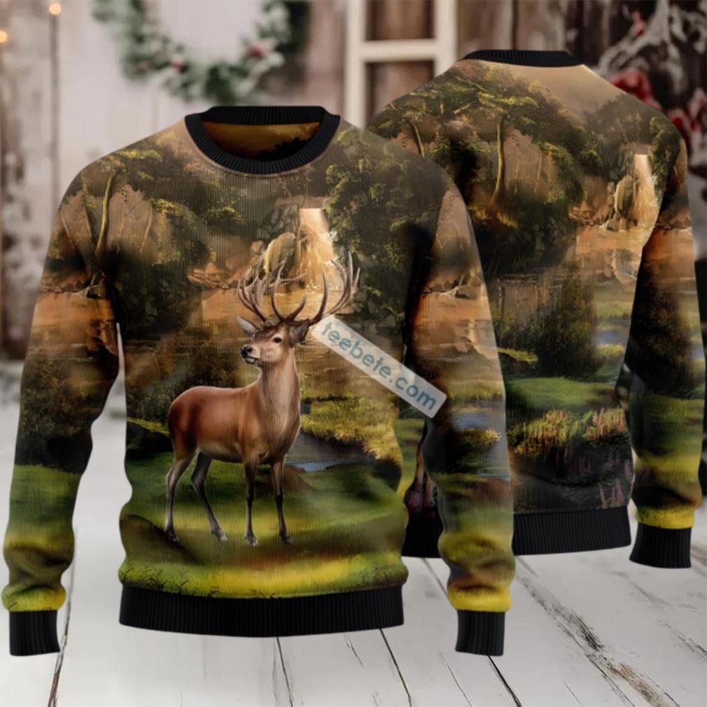 Deer In Forest Ugly Holiday Sweater Green