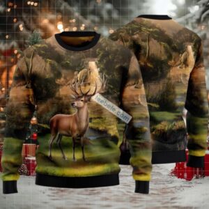 Deer In Forest Ugly Holiday Sweater Green