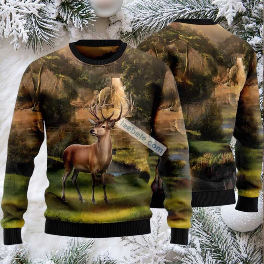 Deer In Forest Ugly Holiday Sweater Green Deer In Forest Ugly Holiday Sweater Green