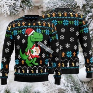 Dinosaur Hold Santa Claus Doll Ugly Xmas Sweater