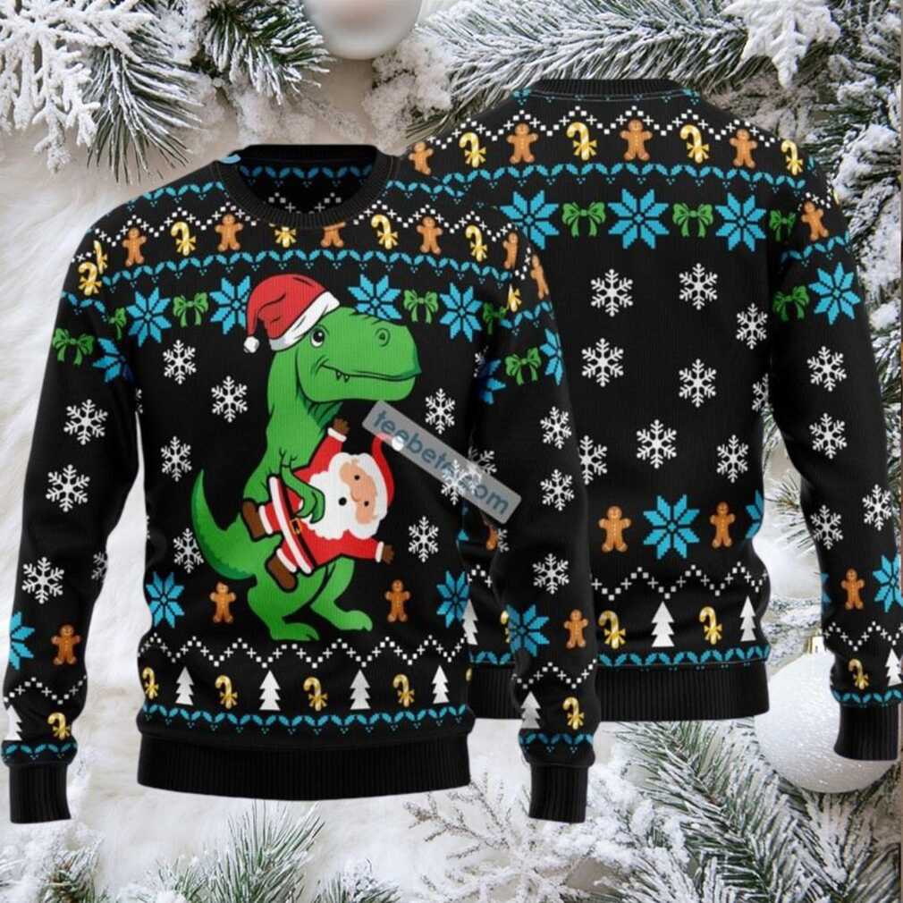 Dinosaur Hold Santa Claus Doll Ugly Xmas Sweater