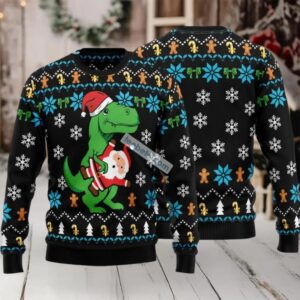 Dinosaur Hold Santa Claus Doll Ugly Xmas Sweater