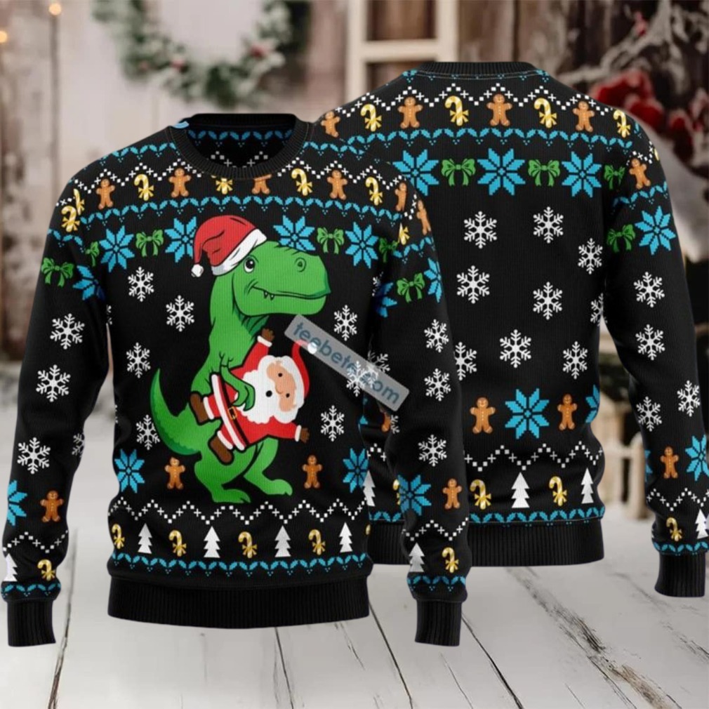 Dinosaur Hold Santa Claus Doll Ugly Xmas Sweater