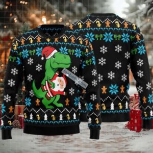 Dinosaur Hold Santa Claus Doll Ugly Xmas Sweater
