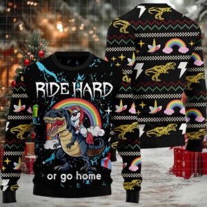 Dinosaur Unicorn Ride Hard Or Go Home Ugly Christmas Sweater