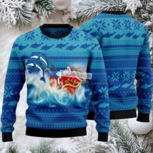 Dolphin Pull Santa Sleigh Ugly Christmas Sweaters Blue Naughty