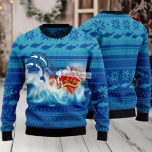 Dolphin Pull Santa Sleigh Ugly Christmas Sweaters Blue Naughty