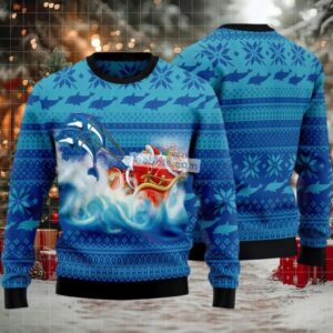 Dolphin Pull Santa Sleigh Ugly Christmas Sweaters Blue Naughty