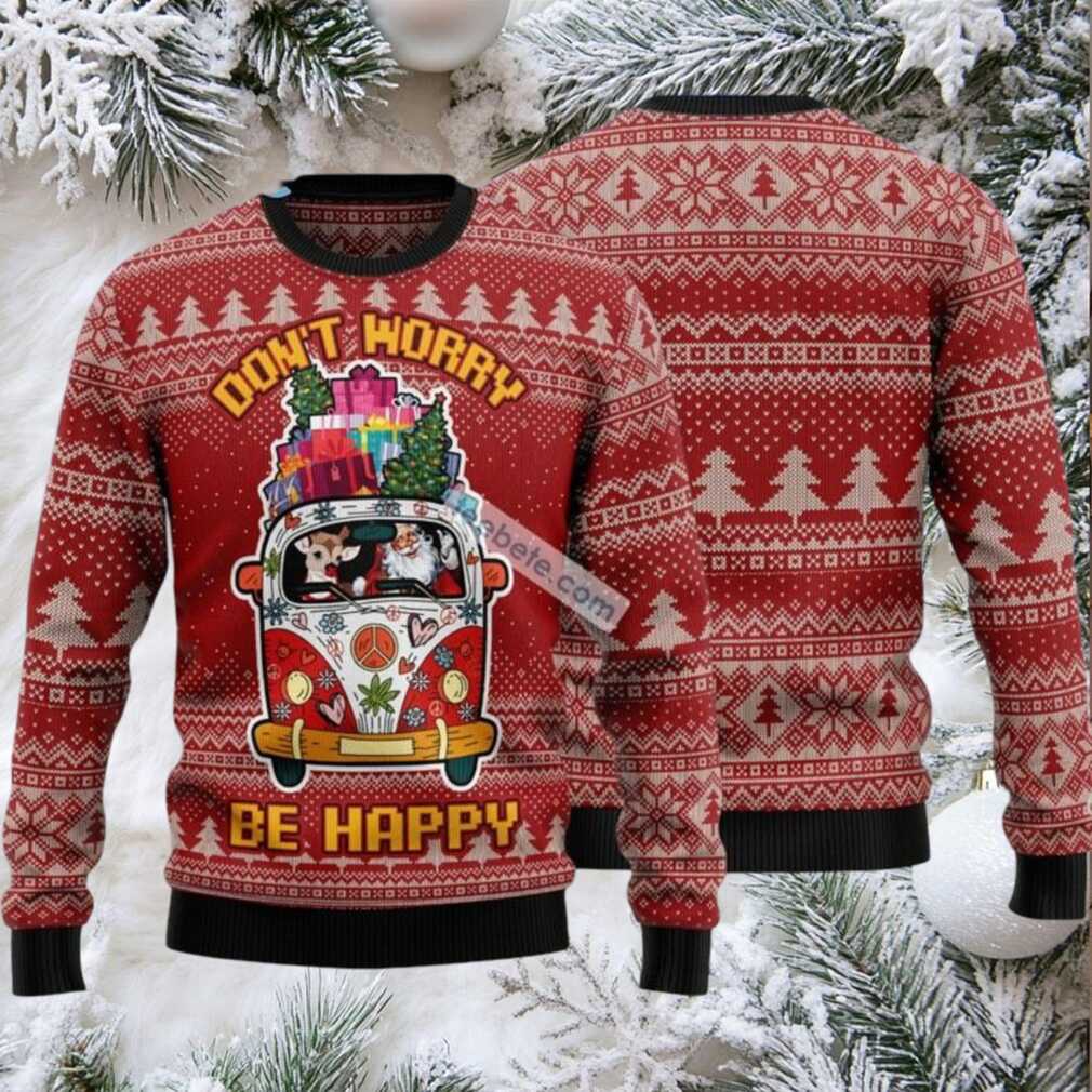 Dont Worry Be Happy Santa And Reindeer Ugly Christmas Sweater Most