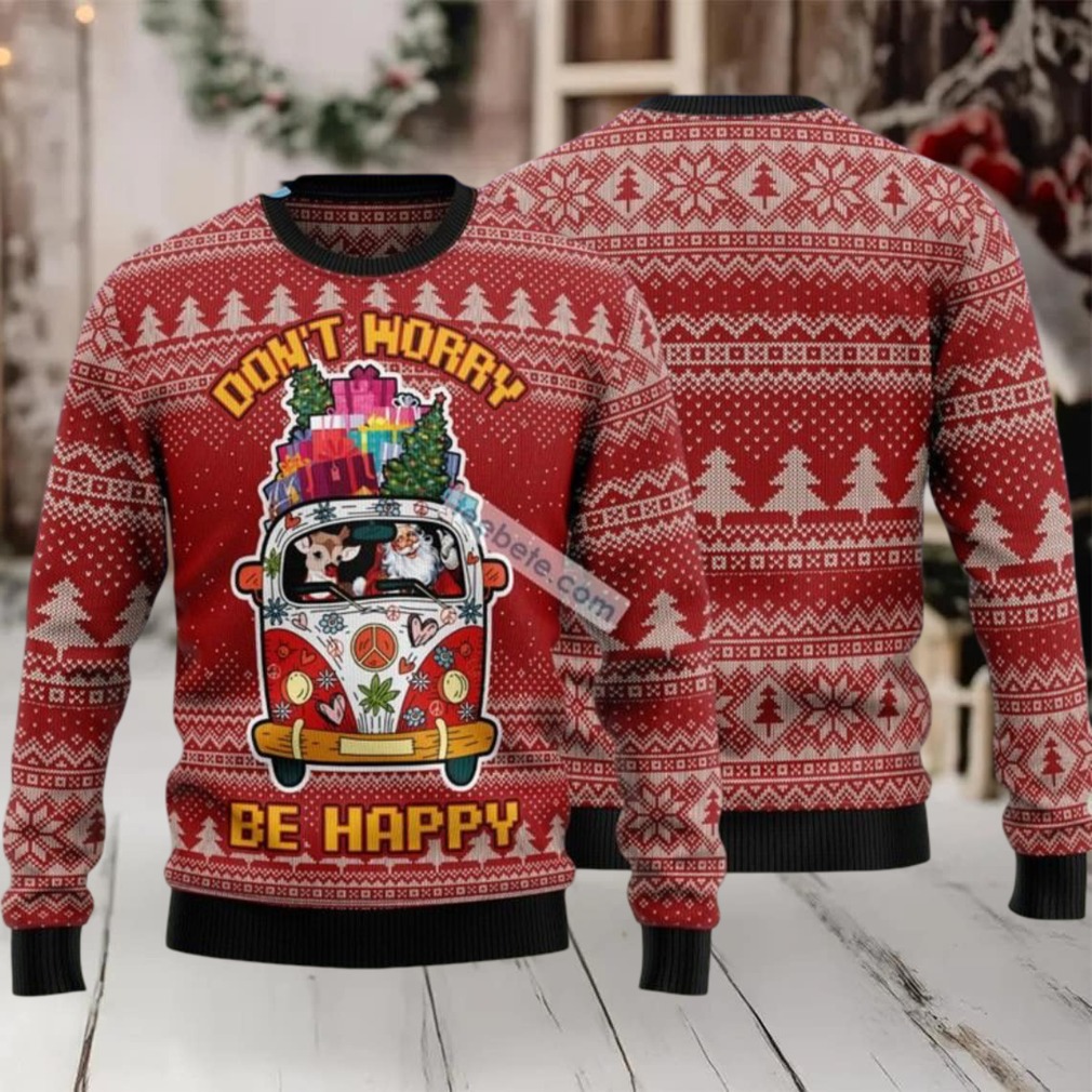 Dont Worry Be Happy Santa And Reindeer Ugly Christmas Sweater secondary image